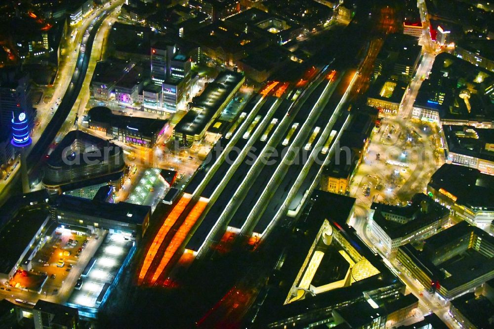 Hannover at night from above - Night lighting Track progress and building of the main station of the railway in Hannover in the state Lower Saxony, Germany