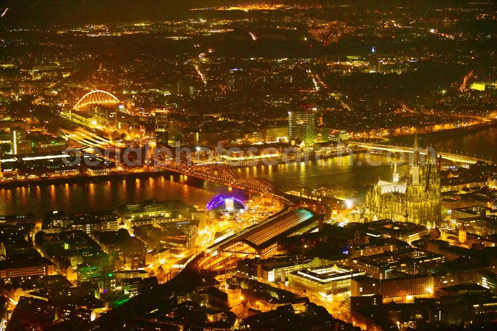 Köln at night from above - Night lighting track progress and building of the main station of the railway in the district Innenstadt in Cologne in the state North Rhine-Westphalia, Germany