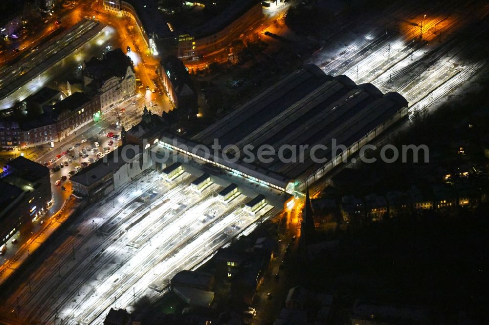 Lübeck at night from above - Night lighting main station of the railway in the district Sankt Lorenz Sued in Luebeck in the state Schleswig-Holstein