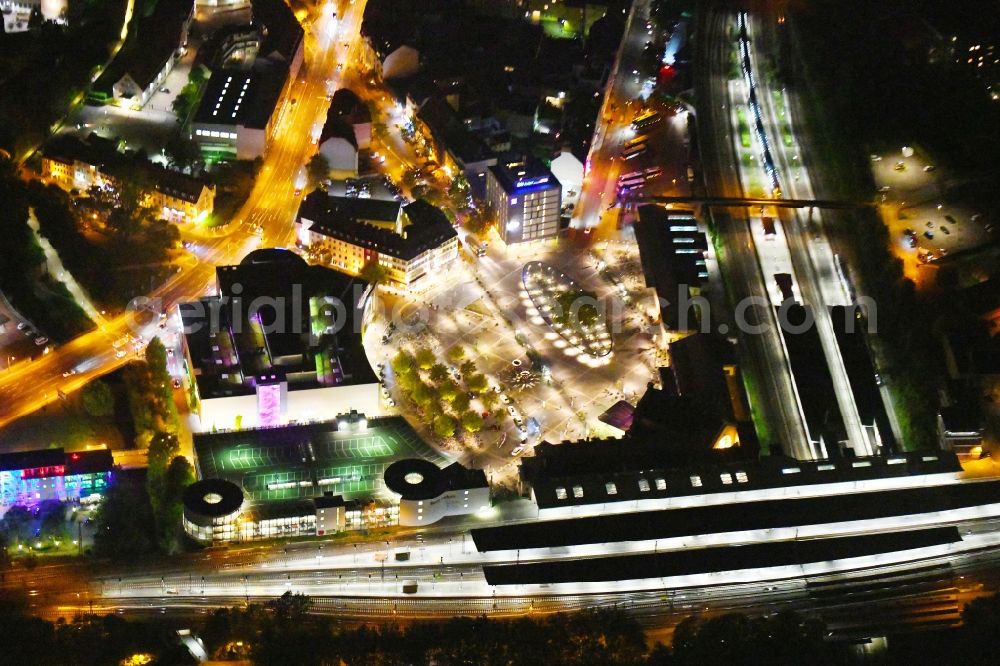 Osnabrück at night from above - Night lighting Track progress and building of the main station of the railway in the district Innenstadt in Osnabrueck in the state Lower Saxony, Germany