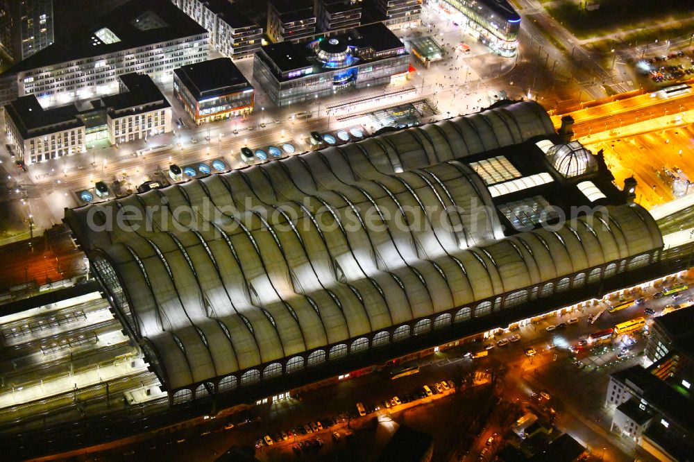 Dresden at night from above - Night lighting track progress and building of the main station of the railway in Dresden in the state Saxony, Germany