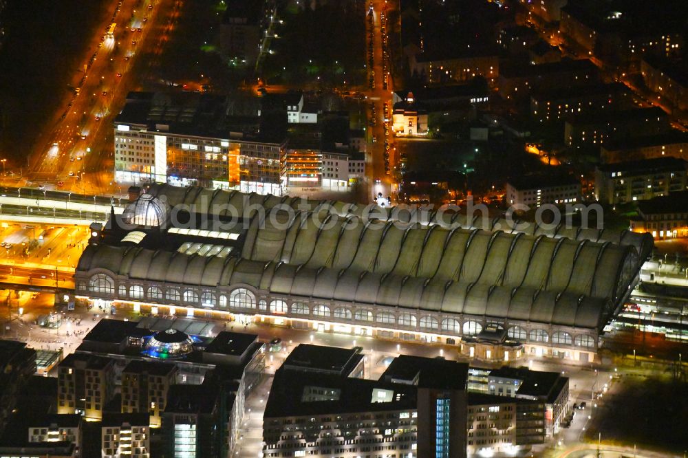 Dresden at night from above - Night lighting track progress and building of the main station of the railway in Dresden in the state Saxony, Germany