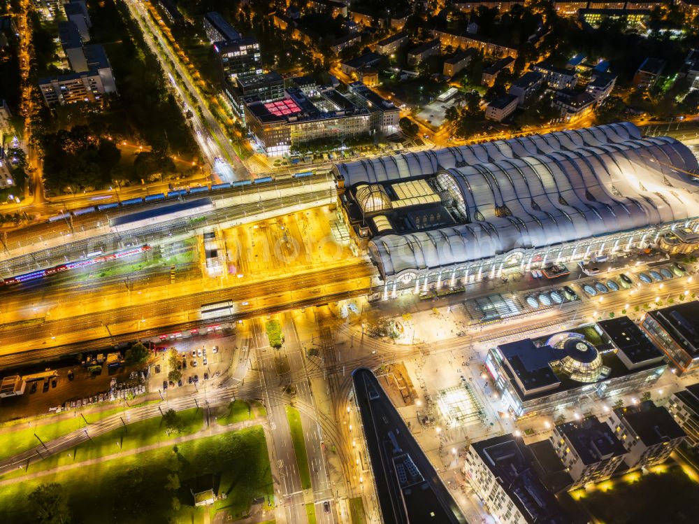 Dresden at night from above - Night lighting track progress and building of the main station of the railway in Dresden in the state Saxony, Germany