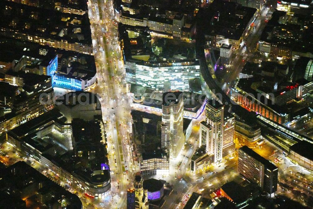 Berlin at night from above - Night lighting High-rise ensemble of Zoofenster and Neubau Upper West on Joachinsthaler Strasse - Hardenbergstrasse in Ortsteil Bezirk Charlottenburg in Berlin, Germany