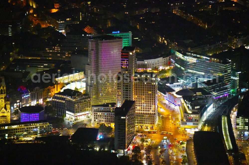 Berlin at night from above - Night lighting High-rise ensemble of Zoofenster and Neubau Upper West on Joachinsthaler Strasse - Hardenbergstrasse in Ortsteil Bezirk Charlottenburg in Berlin, Germany