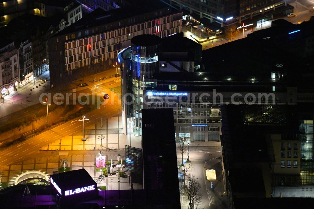 Stuttgart at night from above - Night lighting high-rise skyscraper building and bank administration of the financial services company Volksbank Stuttgart eG on Boersenstrasse in the district Neue Vorstadt in Stuttgart in the state Baden-Wurttemberg, Germany