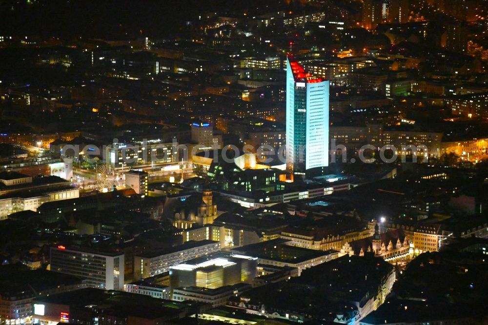 Leipzig at night from above - Night lighting High-rise buildings City-Hochhaus in Leipzig in the state Saxony