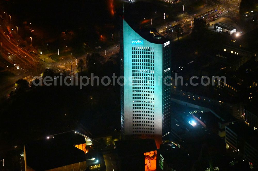 Leipzig at night from above - Night lighting High-rise buildings City-Hochhaus in Leipzig in the state Saxony