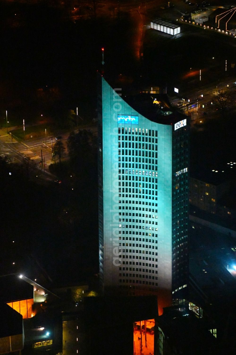 Aerial photograph at night Leipzig - Night lighting High-rise buildings City-Hochhaus in Leipzig in the state Saxony