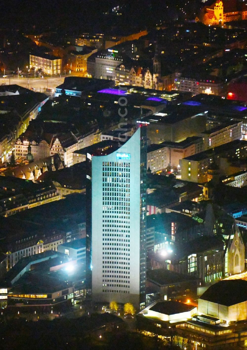 Aerial photograph at night Leipzig - Night lighting High-rise buildings City-Hochhaus in Leipzig in the state Saxony