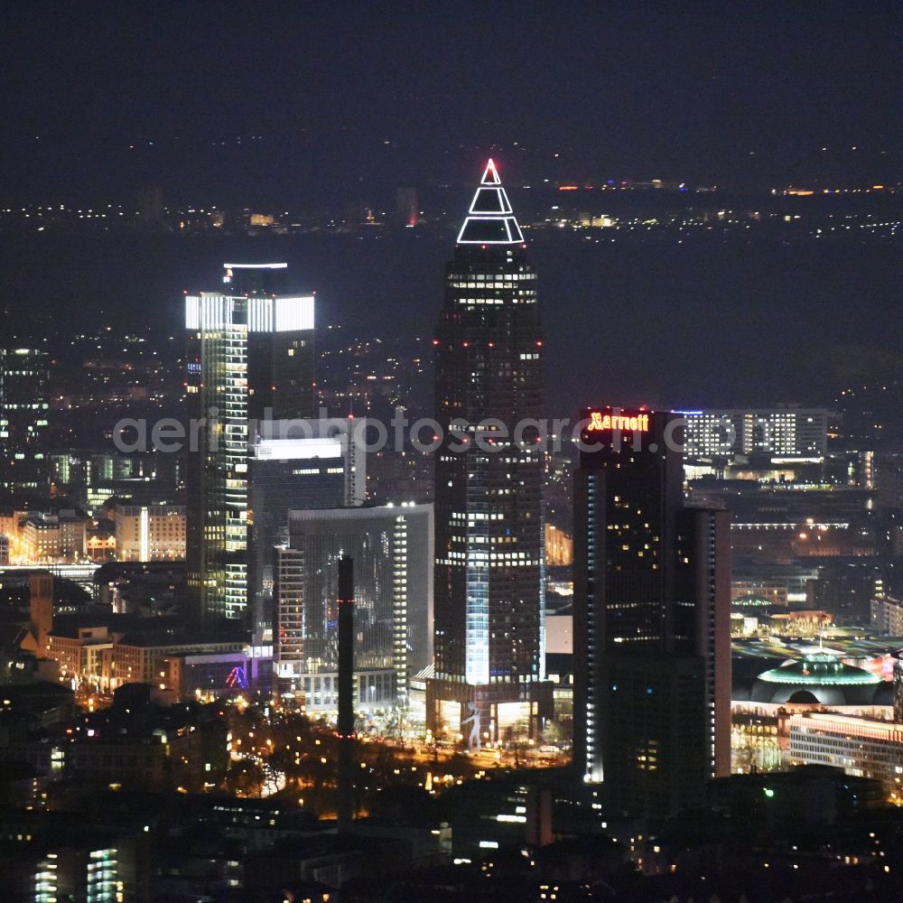 Aerial photograph at night Frankfurt am Main - Night view High-rise building of the hotel complex Marriott on WestendGate in Frankfurt in the state Hesse