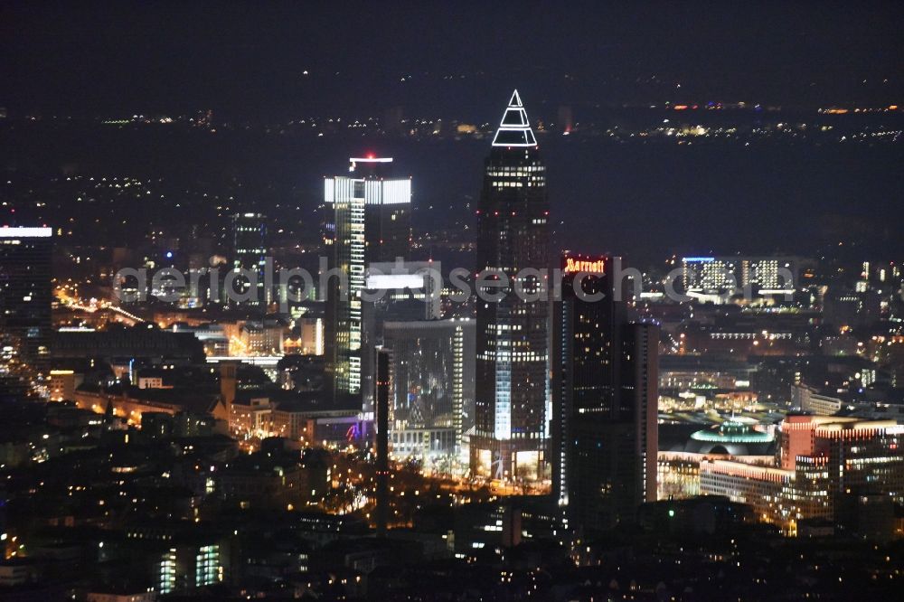 Frankfurt am Main at night from the bird perspective: Night view High-rise building of the hotel complex Marriott on WestendGate in Frankfurt in the state Hesse