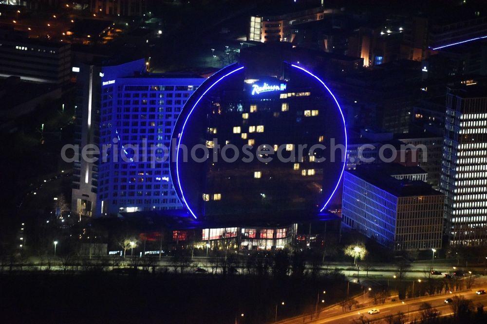 Frankfurt am Main at night from above - Night view High-rise building of the hotel complex Radisson Blu Hotel an der Franklinstrasse in Frankfurt in the state Hesse