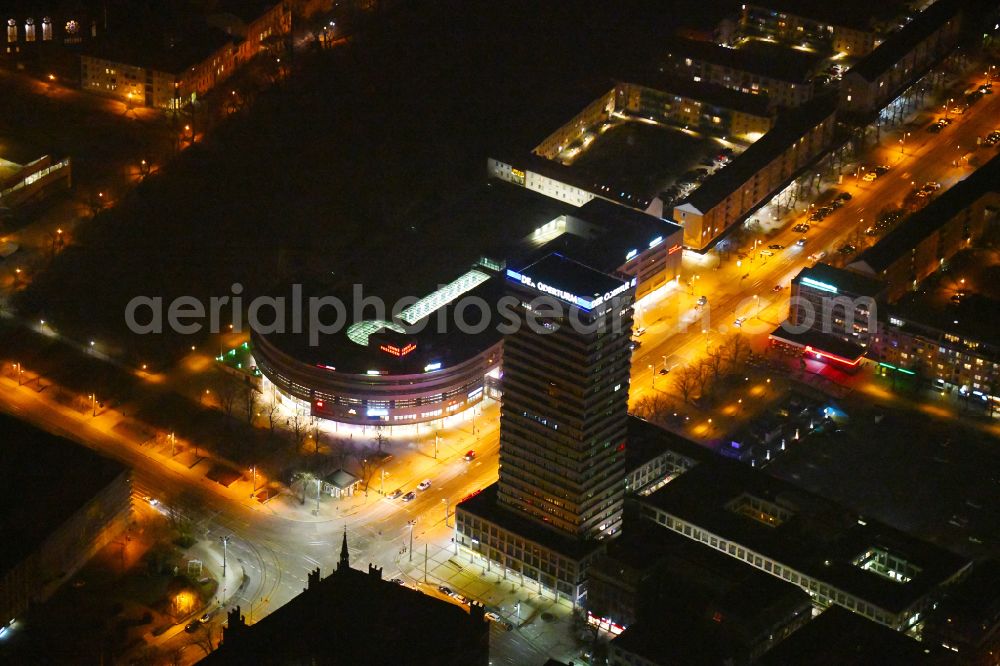 Frankfurt (Oder) at night from above - Night lighting high-rise buildings Der Oderturm on Logenstrasse in Frankfurt (Oder) in the state Brandenburg, Germany