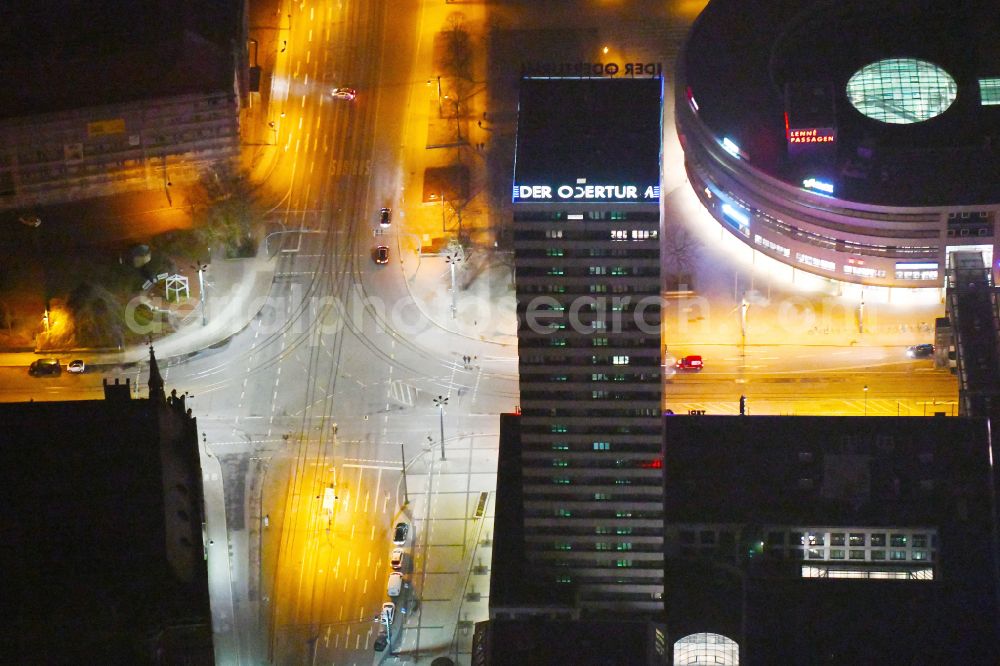 Frankfurt (Oder) at night from above - Night lighting high-rise buildings Der Oderturm on Logenstrasse in Frankfurt (Oder) in the state Brandenburg, Germany