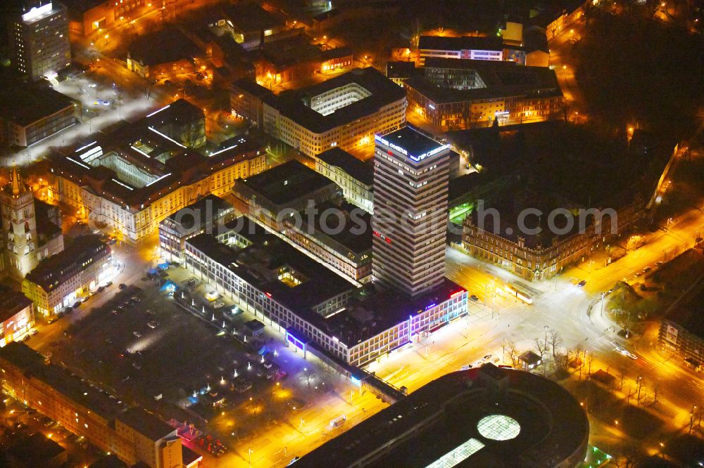 Frankfurt (Oder) at night from the bird perspective: Night lighting high-rise buildings Der Oderturm on Logenstrasse in Frankfurt (Oder) in the state Brandenburg, Germany