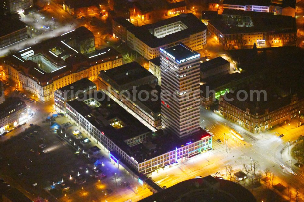 Aerial photograph at night Frankfurt (Oder) - Night lighting high-rise buildings Der Oderturm on Logenstrasse in Frankfurt (Oder) in the state Brandenburg, Germany