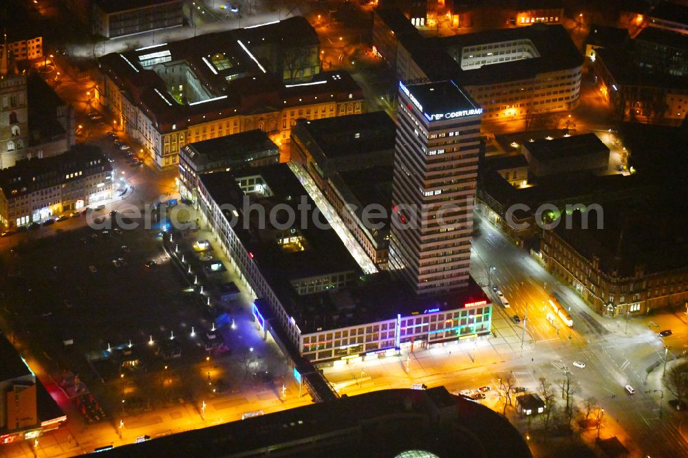 Aerial image at night Frankfurt (Oder) - Night lighting high-rise buildings Der Oderturm on Logenstrasse in Frankfurt (Oder) in the state Brandenburg, Germany