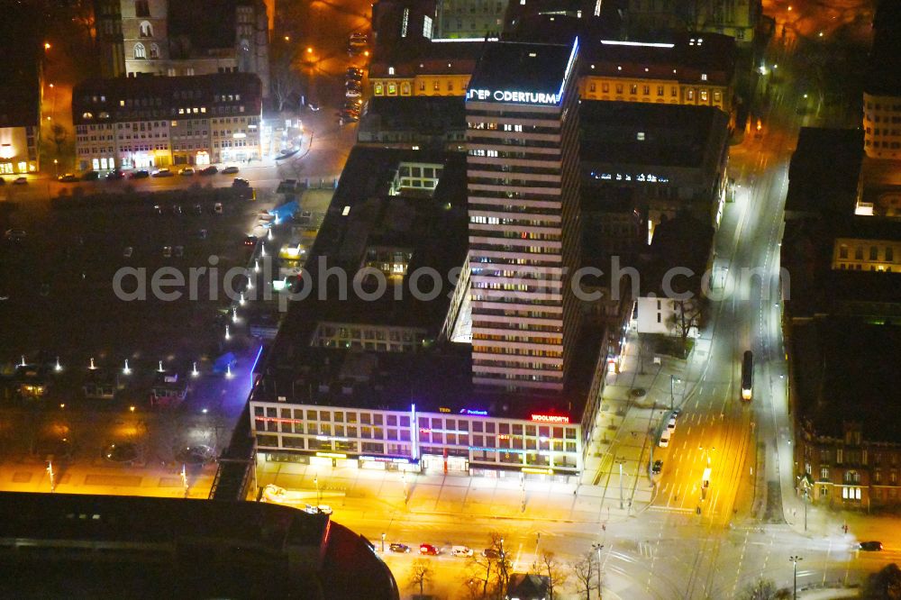 Aerial photograph at night Frankfurt (Oder) - Night lighting high-rise buildings Der Oderturm on Logenstrasse in Frankfurt (Oder) in the state Brandenburg, Germany