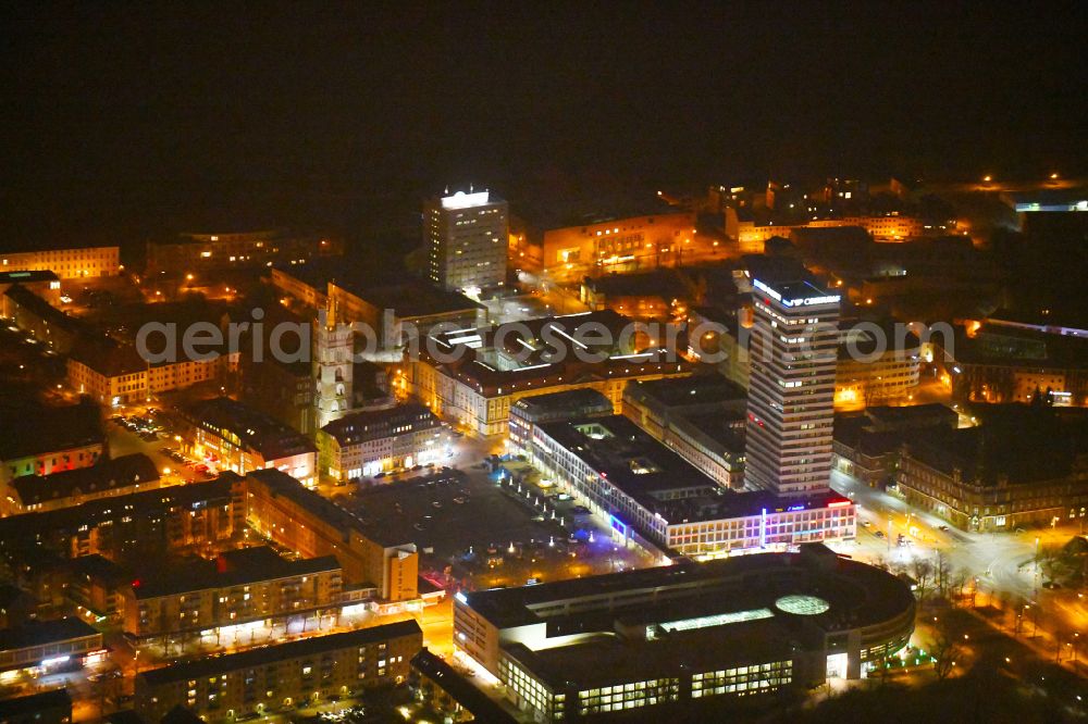 Frankfurt (Oder) at night from the bird perspective: Night lighting high-rise buildings Der Oderturm on Logenstrasse in Frankfurt (Oder) in the state Brandenburg, Germany