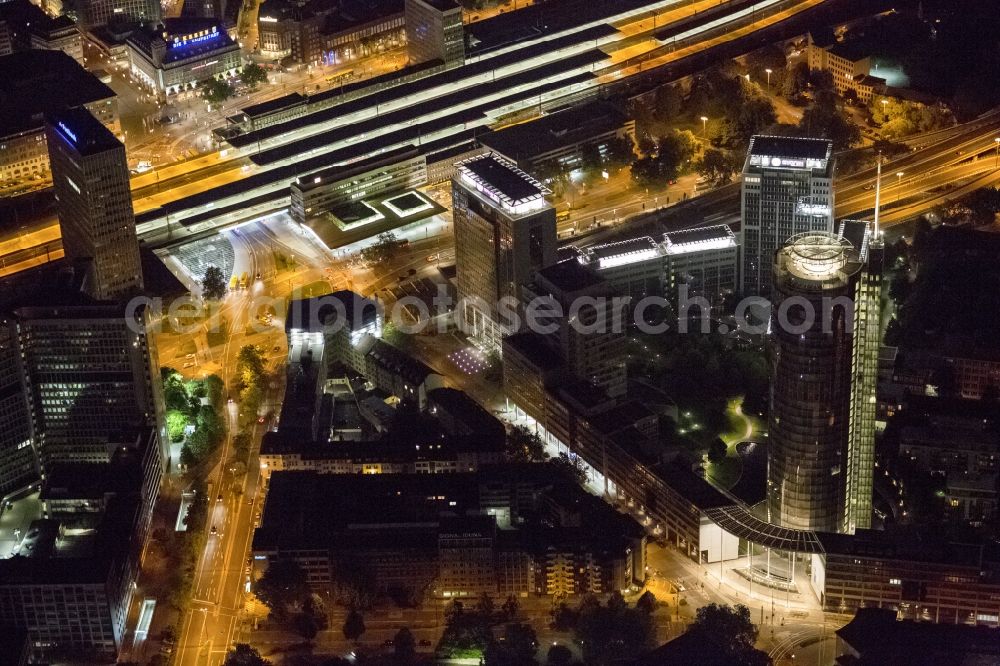 Essen at night from above - View of the RWE headquarters in Essen at night. The RWE Tower is with 120 meters and up to 500 workplaces the headquarter of the energy supplier RWE. The tower is designed ecological and gains energy from natural daylight and solar heat