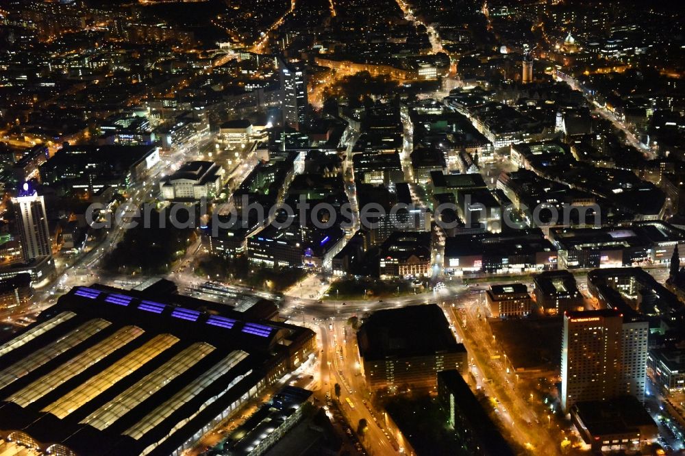 Aerial image at night Leipzig - Night aerial view of hotel building high-rise The Westin Leipzig on Gerberstrasse in Leipzig in the state of Saxony