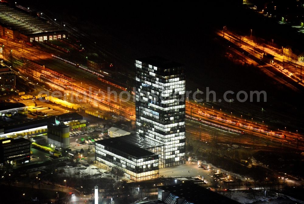 München at night from the bird perspective: Night aerial high Sueddeutscher Verlag in Munich Zamdorf in Bavaria