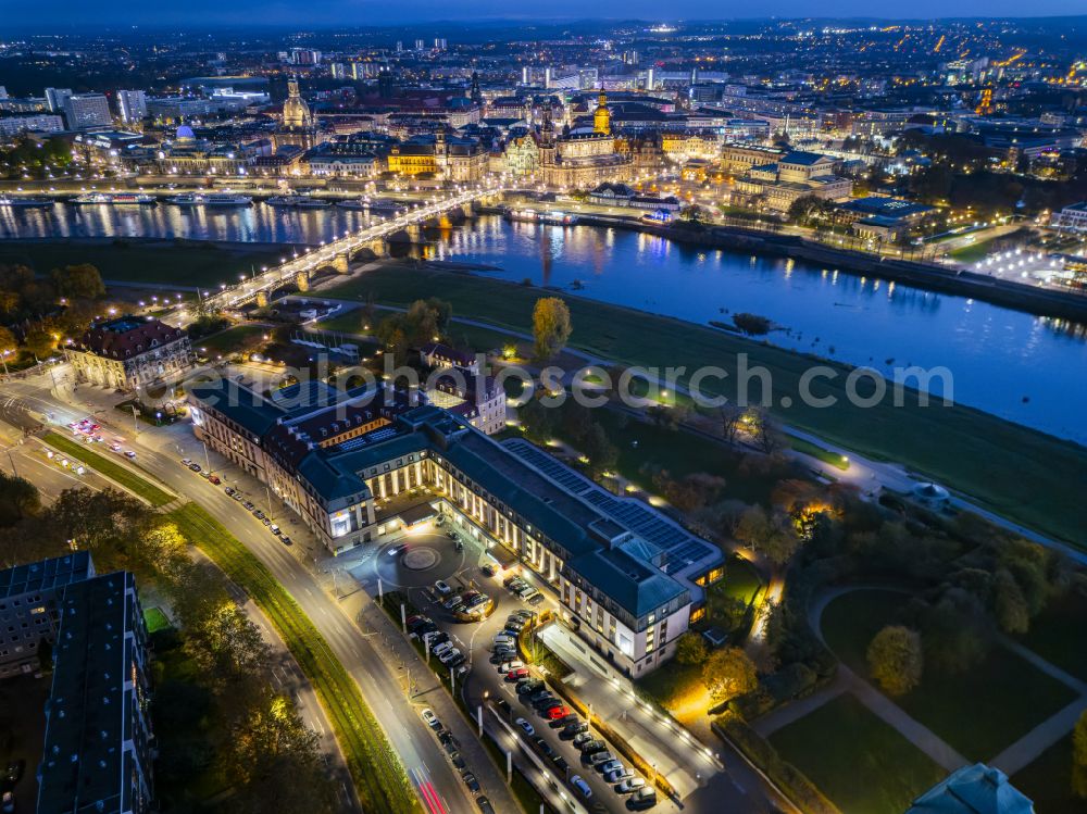 Dresden at night from above - Night lighting complex of the hotel building Bilderberg Bellevue Hotel on street Grosse Meissner Strasse in the district Innere Neustadt in Dresden in the state Saxony, Germany