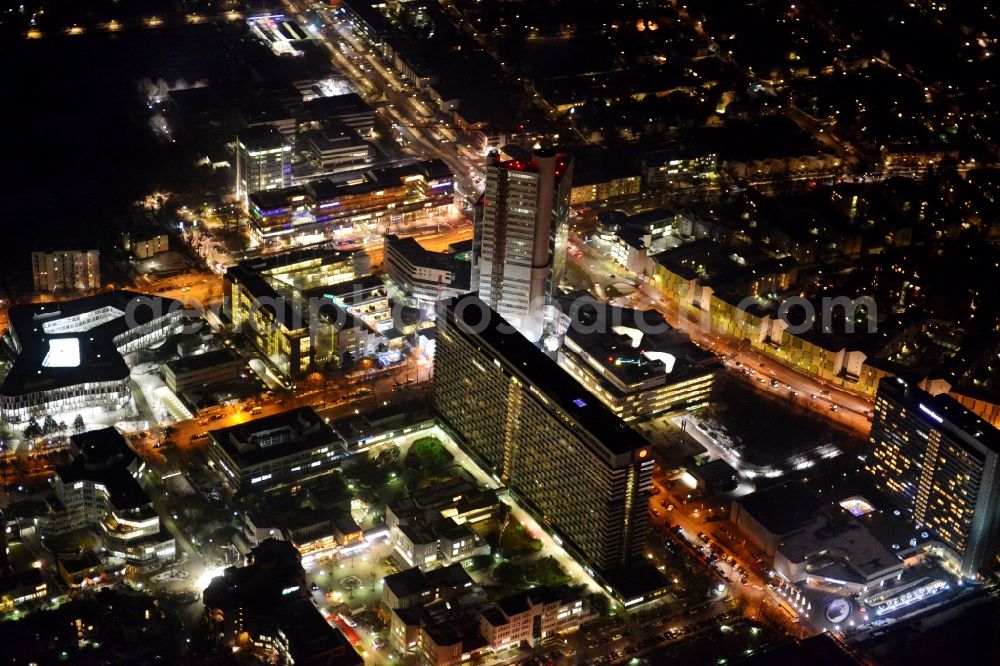 München Bogenhausen at night from above - Night aerial tower HVB - UniCredit Bank and the Sheraton Munich Arabellapark Hotel in Bogenhausen district of Munich in Bavaria