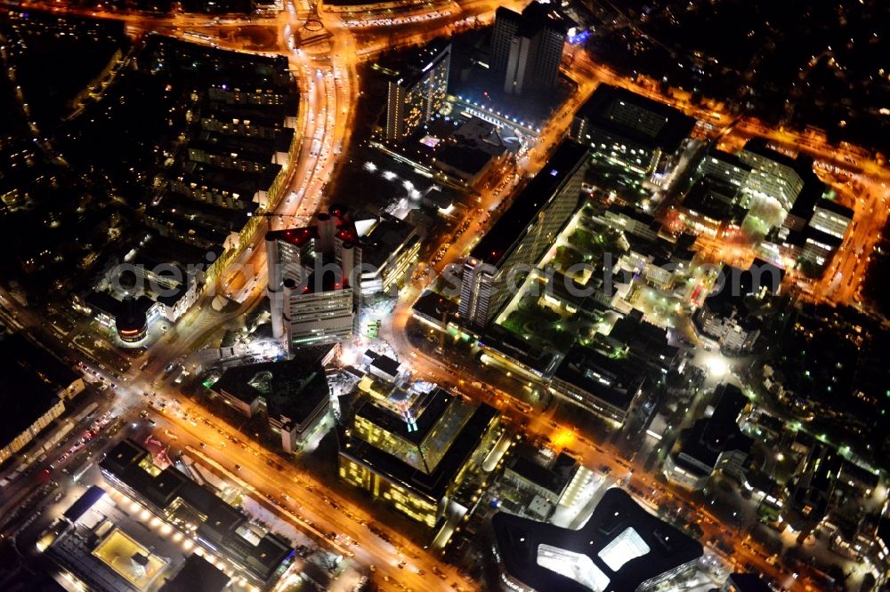 Aerial photograph at night München Bogenhausen - Night aerial tower HVB - UniCredit Bank and the Sheraton Munich Arabellapark Hotel in Bogenhausen district of Munich in Bavaria