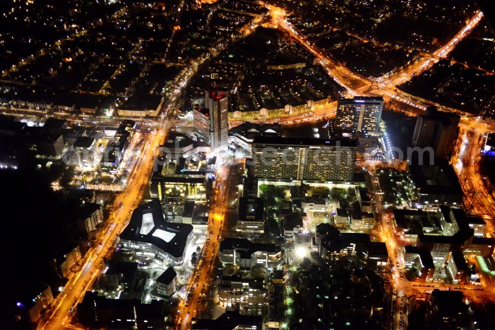 Aerial image at night München Bogenhausen - Night aerial tower HVB - UniCredit Bank and the Sheraton Munich Arabellapark Hotel in Bogenhausen district of Munich in Bavaria