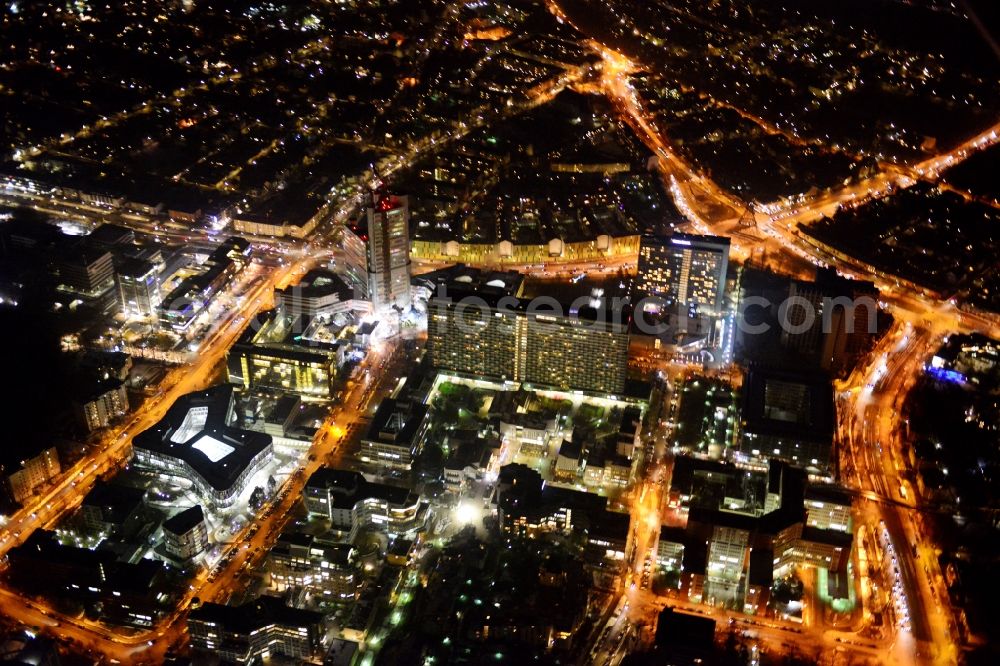 München Bogenhausen at night from above - Night aerial tower HVB - UniCredit Bank and the Sheraton Munich Arabellapark Hotel in Bogenhausen district of Munich in Bavaria