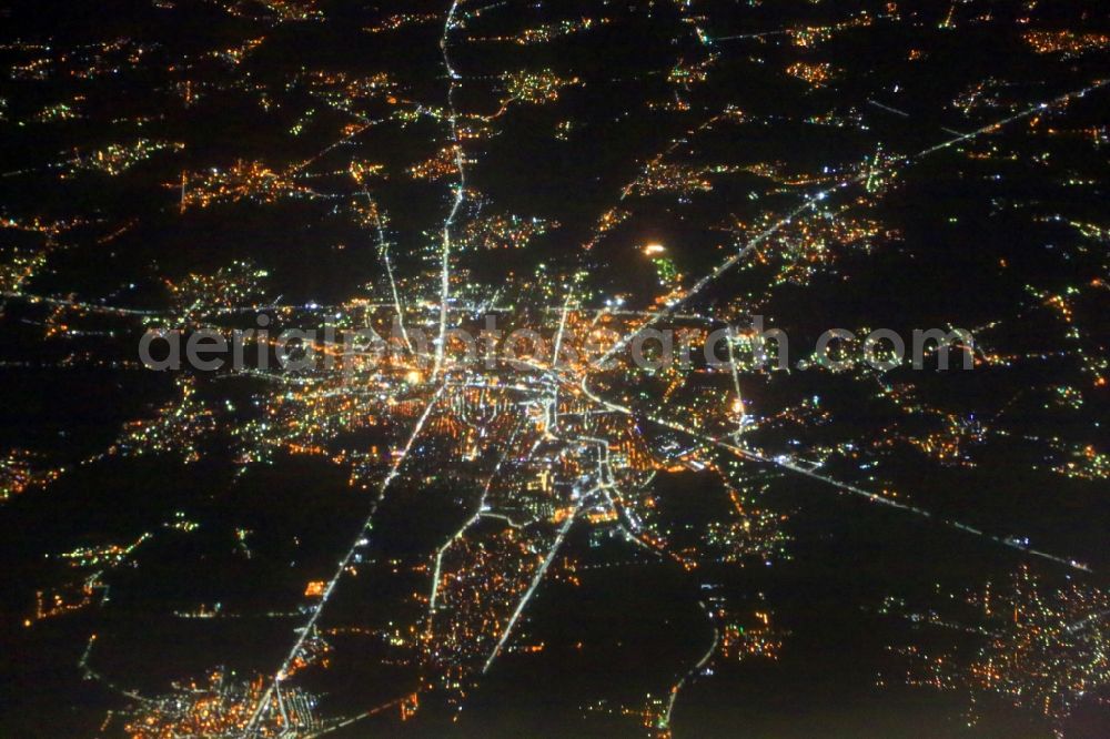 Aerial image at night El Ibrahimaia - Night lighting of tne town Zagazig in the landscape of the fertil Nile River delta in Ash Sharqia Governorate, Egypt