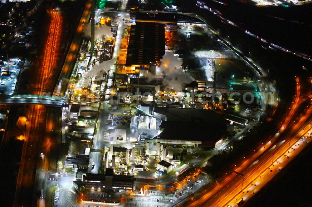 Aerial photograph at night Hamburg - Night lighting industrial and commercial area Mueggenburger Strasse - Georgswerder Bogen in the district Veddel in Hamburg, Germany