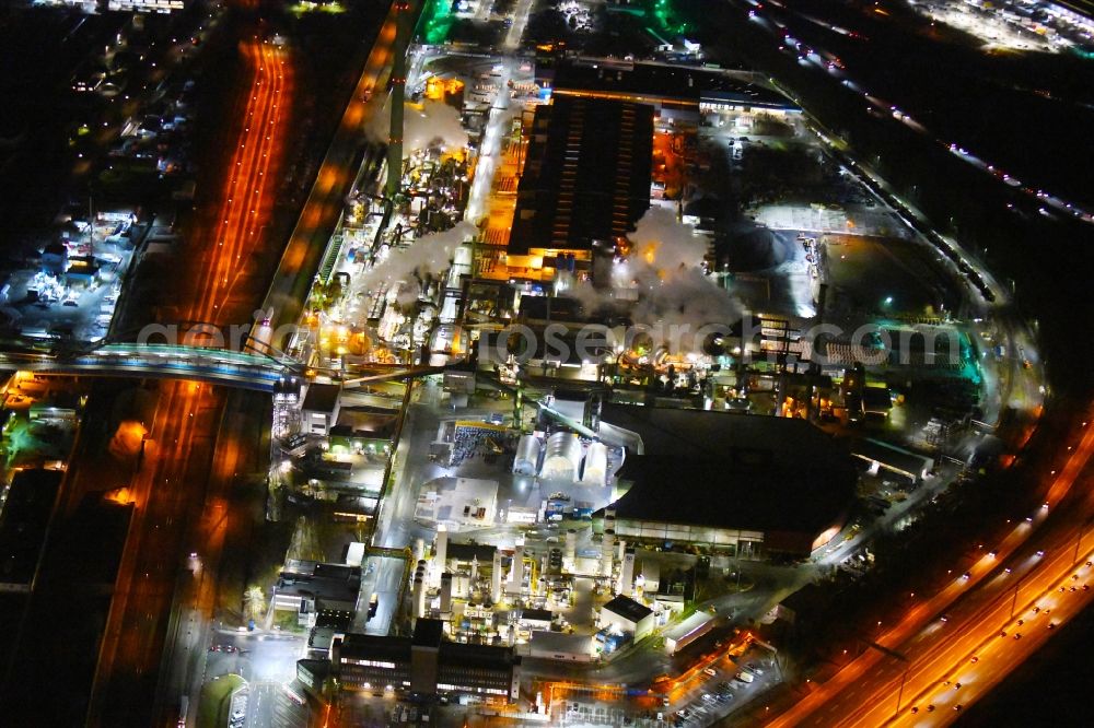 Aerial image at night Hamburg - Night lighting industrial and commercial area Mueggenburger Strasse - Georgswerder Bogen in the district Veddel in Hamburg, Germany