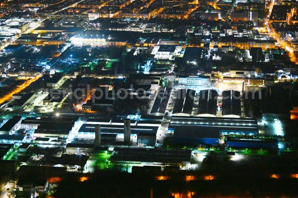 Aerial photograph at night Berlin - Night lighting industrial and commercial area on Landsberger Allee in the district Lichtenberg in Berlin, Germany