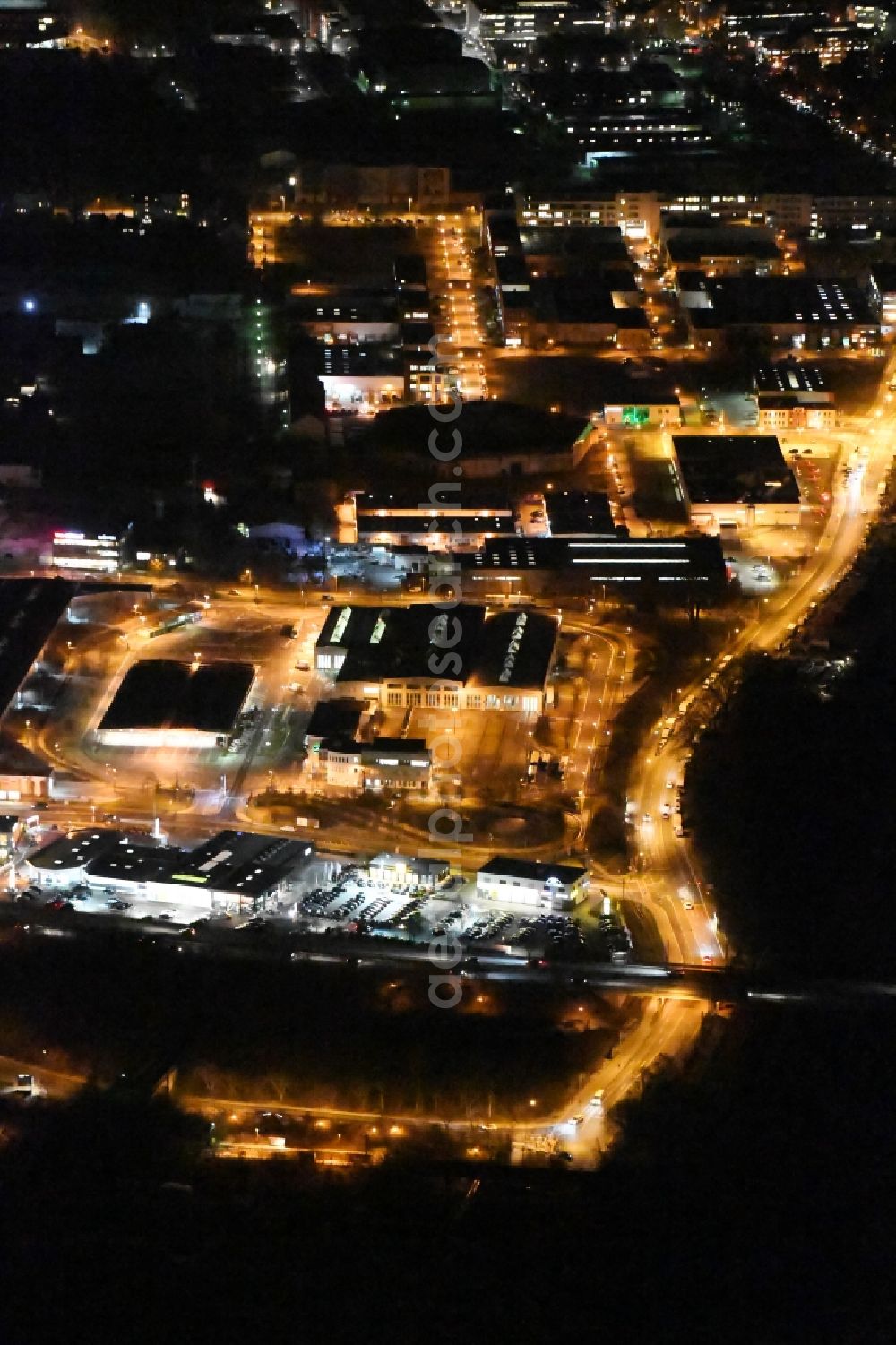 Potsdam at night from above - Night view industrial and commercial area GIP Gewerbe im Park in the district Babelsberg in Potsdam in the state Brandenburg