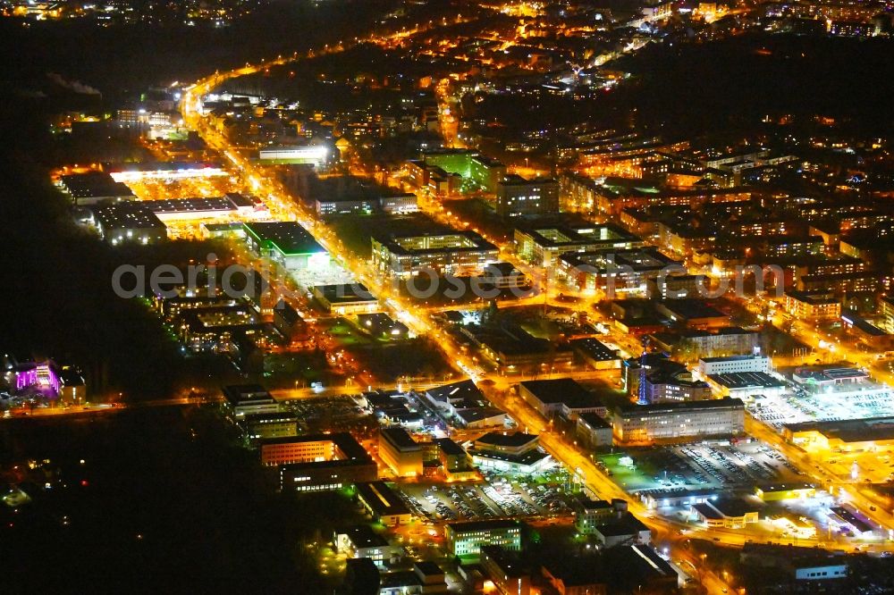 Teltow at night from above - Night lighting Industrial and commercial area along the Potsdamer Strasse in Teltow in the state Brandenburg, Germany