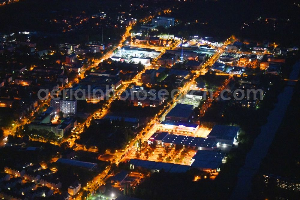 Teltow at night from above - Night lighting industrial and commercial area along the Oderstrasse in Teltow in the state Brandenburg, Germany