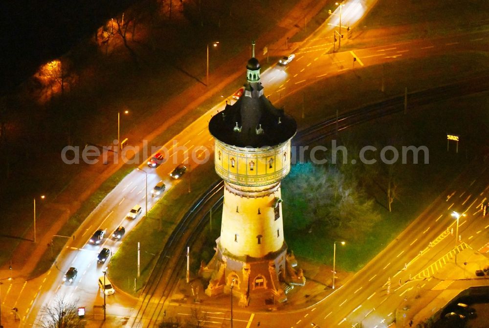 Aerial image at night Halle (Saale) - Night lighting Building of industrial monument water tower North in Halle (Saale) in the state Saxony-Anhalt, Germany