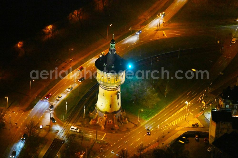 Halle (Saale) at night from above - Night lighting Building of industrial monument water tower North in Halle (Saale) in the state Saxony-Anhalt, Germany