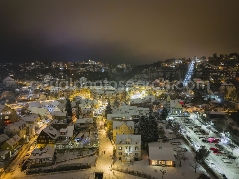 Dresden at night from the bird perspective: Night lighting cityscape of the district on street Friedrich-Wieck-Strasse in the district Loschwitz in Dresden in the state Saxony, Germany