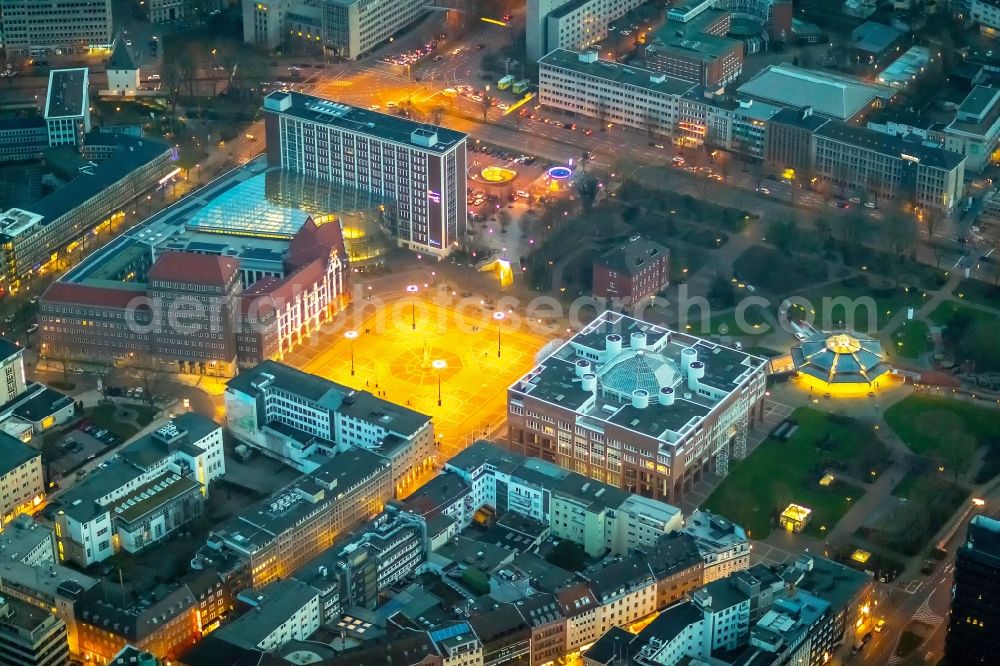 Aerial photograph at night Dortmund - Night lighting Down town area on Friedensplatz in Dortmund in the state North Rhine-Westphalia, Germany