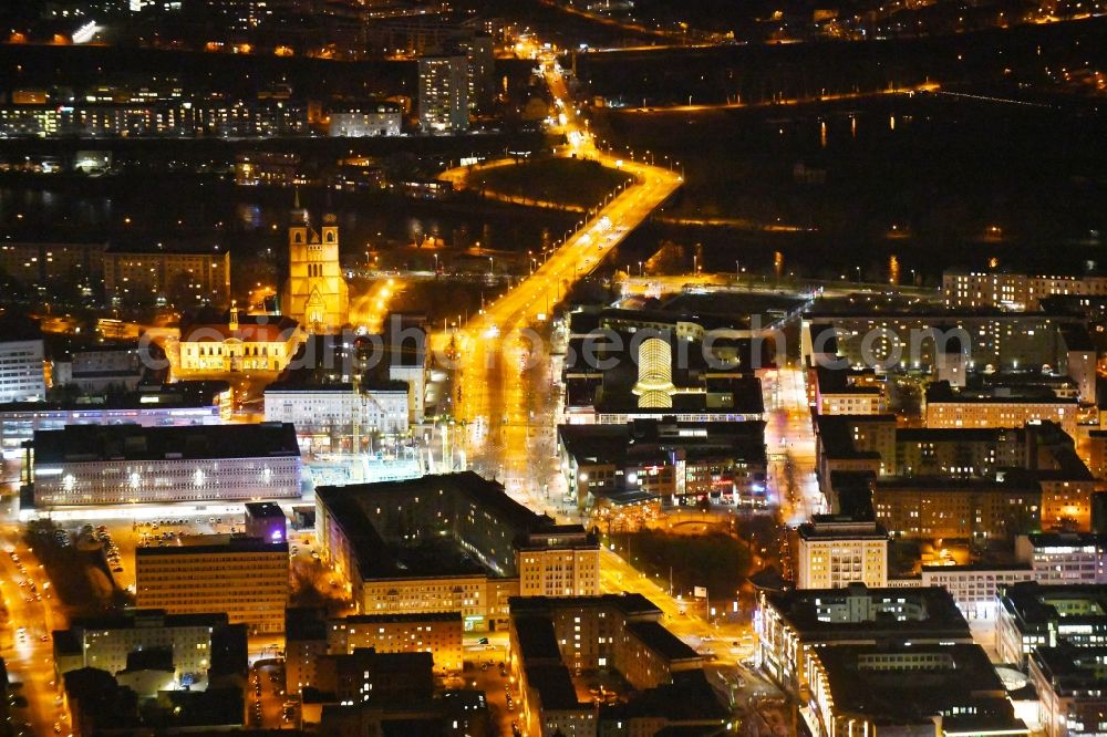 Aerial image at night Magdeburg - Night lighting Down town area along the Ernst-Reuter-Allee in the district Zentrum in Magdeburg in the state Saxony-Anhalt, Germany