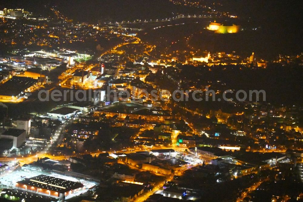 Kulmbach at night from the bird perspective: Night lighting Down town area in Kulmbach in the state Bavaria, Germany