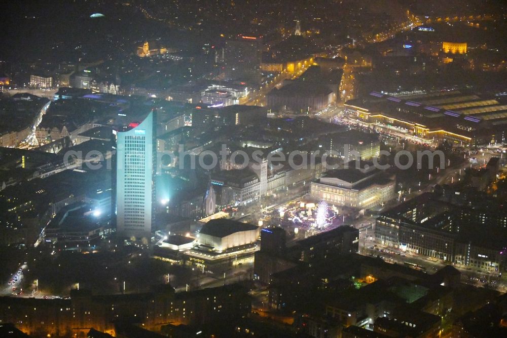 Aerial image at night Leipzig - Night lighting Down town area in the district Zentrum in Leipzig in the state Saxony, Germany