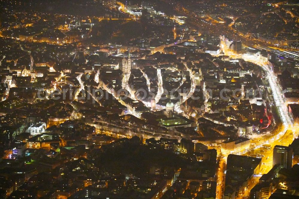 Nürnberg at night from the bird perspective: Night lighting Down town area in Nuremberg in the state Bavaria, Germany