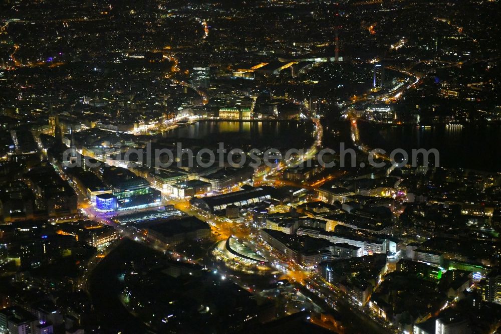 Hamburg at night from above - Night lighting down town area on Binnenalster and lake Aussenalster in the district Sankt Georg in Hamburg, Germany