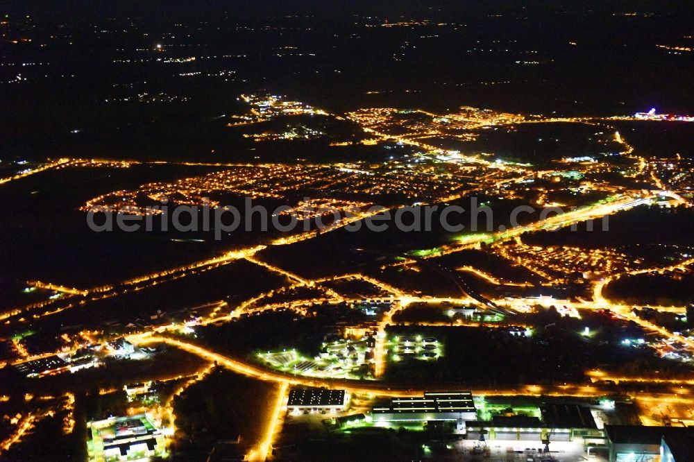 Stralsund at night from above - Night lighting The city center in the downtown area in Stralsund in the state Mecklenburg - Western Pomerania, Germany