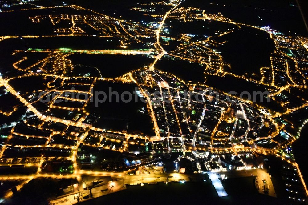 Aerial photograph at night Stralsund - Night lighting The city center in the downtown area in Stralsund in the state Mecklenburg - Western Pomerania, Germany